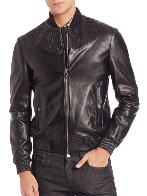 versace leather jacket men embossed|Versace black denim jacket.